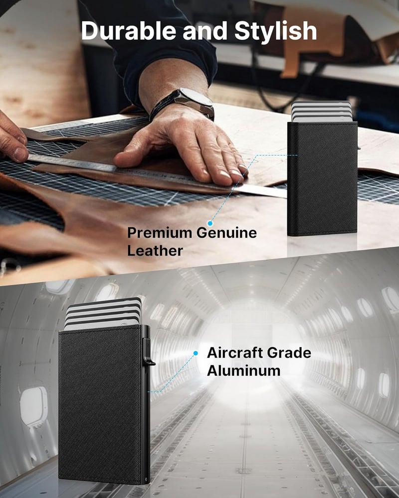 typecase محفظة رجال حامل بطاقات: علبة ألومنيوم قابلة للفتح، جلد طبيعي، ذكي، مانع RFID، نحيف، بسيط، جيب أمامي - سعة 9-14 بطاقة | نافذة هوية | فتحة نقدية (أسود كروس) - Image 5